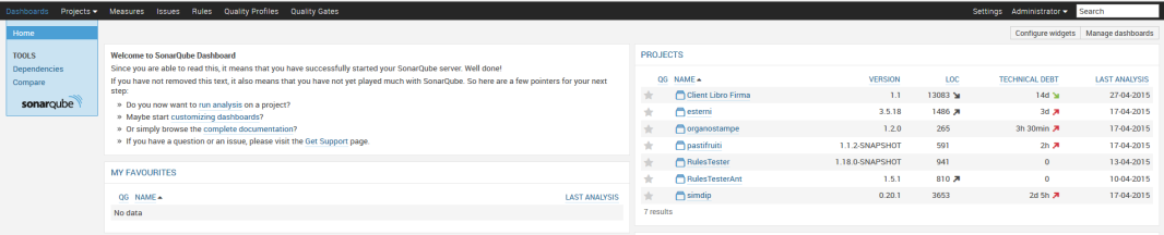 Figura 6 - SonarQube. Form di login Eseguito il login comparirà la seguente dashboard. Figura 7 - SonarQube.