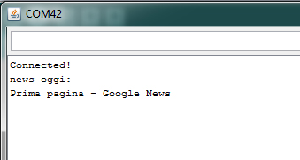 A sinistra la schermata che ci appare se, dopo aver uplodato il codice, apriamo il Serial Monitor. A lato possiamo vedere cosa è successo durante le fasi di ricerca e stampa della news.