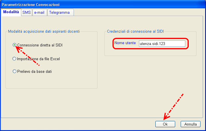 La finestra di inserimento si presenterà come di seguito illustrato: L'utente dovrà selezionare la modalità di convocazione con Connessione diretta al Sidi e inserire nel campo Nome utente i dati