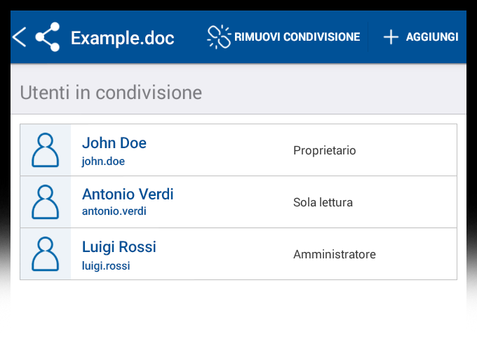 4 AZIONI Effettuando lo swipe su un file si aprirà un elenco di azioni da poter effettuare sul file stesso. Figura 33. Azioni Per condividere un file cliccare su Condividi.