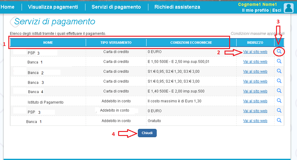 4. Servizi di pagamento Nella Home Page l utente sceglie di visualizzare i Servizi di pagamento e l'applicazione apre una pagina con la lista degli istituti di credito PSP (Prestatori di Servizi di