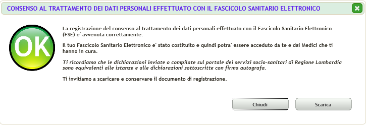 Figura 136 Selezionare Conferma 4. Il Sistema presenta la seguente maschera di registrazione del consenso al trattamento dei dati effettuato con il FSE.