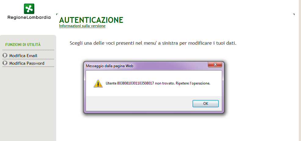 Durante la procedura di modifica occorre: Controllare la correttezza del numero di identificazione tessera (campo 8 retro SC), La nuova password deve rispettare i seguenti vincoli o Non deve essere