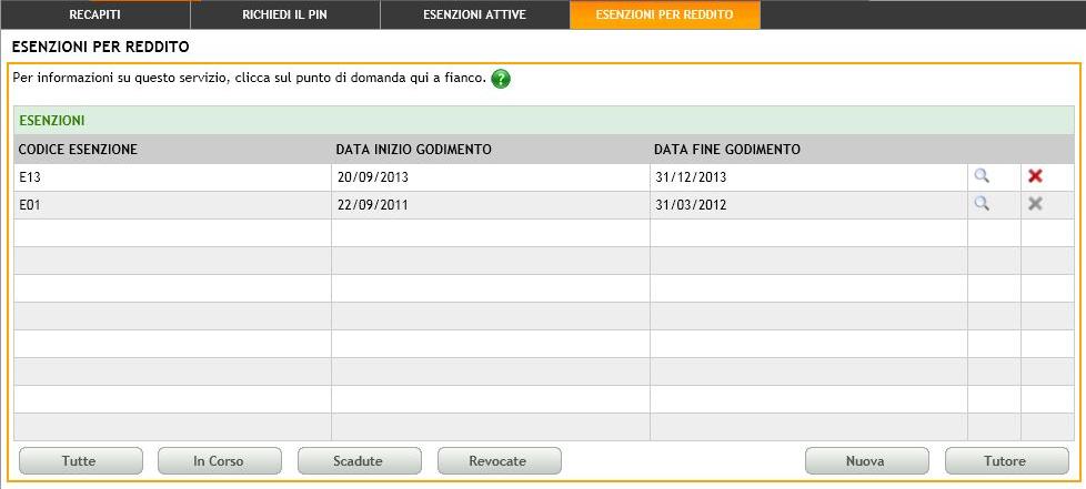 Selezionando il menu Esenzione per reddito, si accede alla pagina con l elenco delle esenzioni per reddito godute dal Cittadino.