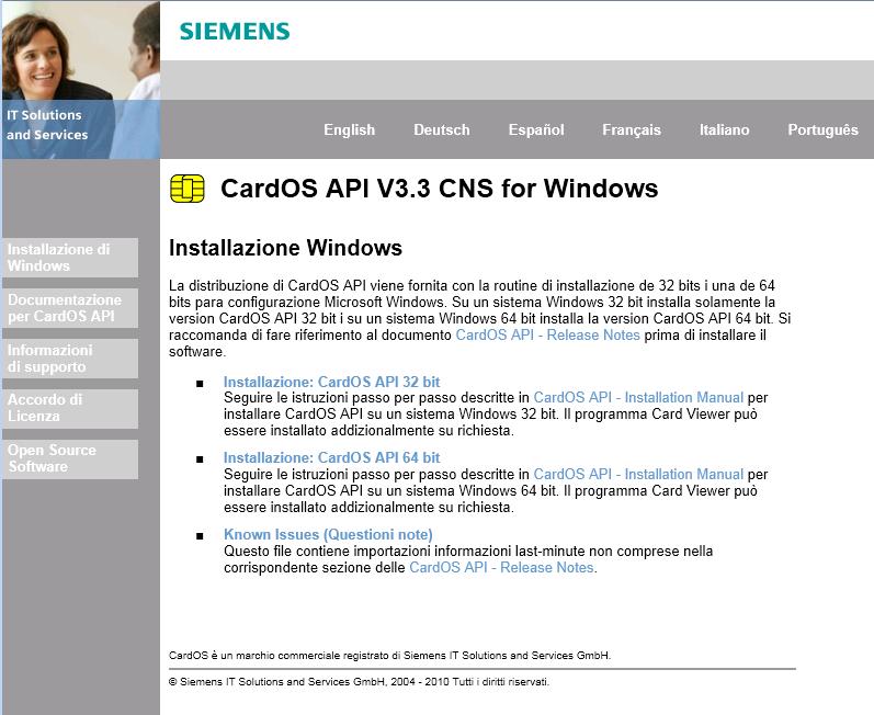 4 Installazione di CardOS API Passo 3 La Figura 1 mostra la pagina iniziale di CardOS API. Per cambiare lingua, selezionare una lingua nel menu in alto alla pagina.