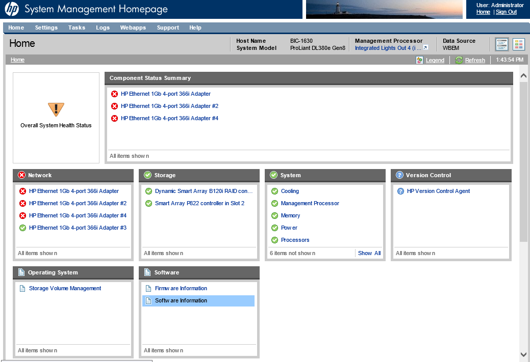 Figura 36 Pagina principale di System Management Homepage Nella pagina sono indicate le viste di sistemi, sottosistemi e stati del server e vengono mostrati i raggruppamenti di sistemi con il
