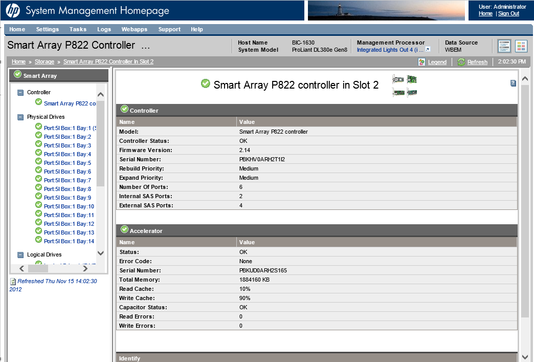 Storage In questa sezione sono visualizzate le informazioni sui controller Smart Array e di archiviazione all'interno del sistema di archiviazione.