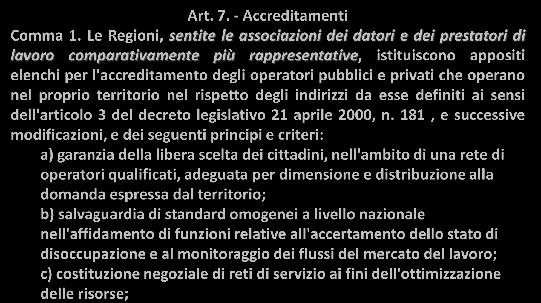 Le modalità di disciplina (D.Lgs.276/03) Art. 7. - Accreditamenti Comma 1.