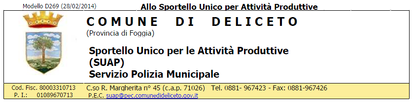 Città di Lecce SETTORE ATTIVITA ECONOMICHE E PRODUTTIVE Via Braccio Martello n. 5 73100 Lecce Tel.(+39) 0832682419 - Fax (+39) 0832232329 SEGNALAZIONE CERTIFICATA DI INIZIO DI ATTIVITÀ (S.C.I.A.) precedentemente soggetta a Licenza di Pubblica Sicurezza AVVERTENZA: la presente segnalazione certificata inizio attività (s.