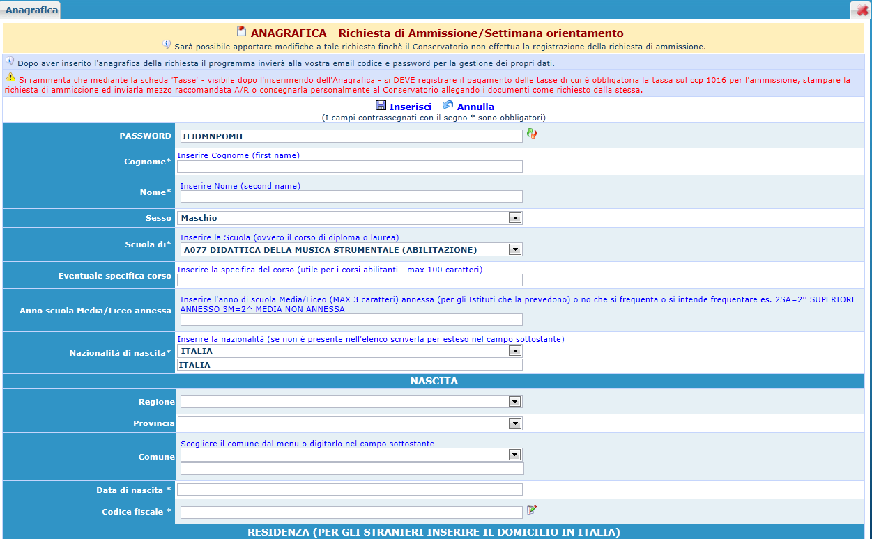 RICHIESTA AMMISSIONI Dal menu principale, scegliere l'opzione 1. "Inserimento domanda di ammissione", selezionare dal menu a tendina l'istituzione a cui si intende inoltrare la domanda di ammissione.