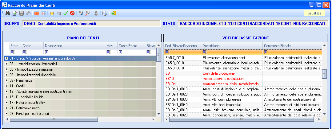 Le voci di riclassificazione sono state codificate organizzandole in livelli, stessa logica già applicata al piano dei conti Esempio - EB (voce mastro non movimentabile, evidenziata in rosso nel