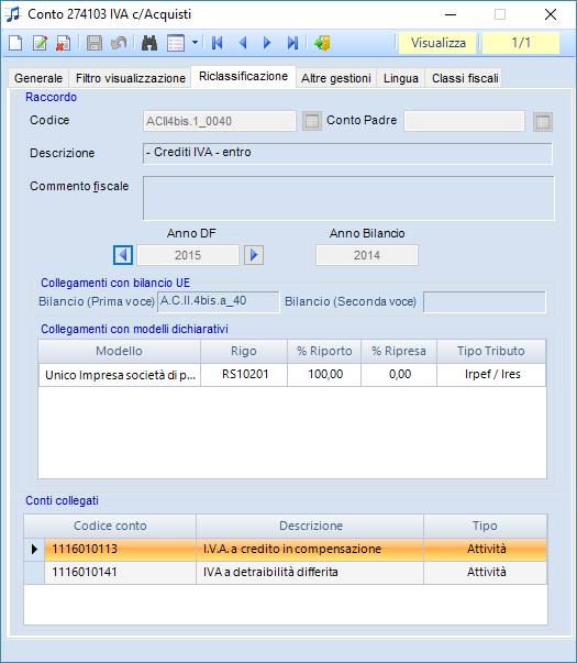 Esempio: conto 274101 IVA c/acquisti associato alla voce di riclassificazione ACII4bis.