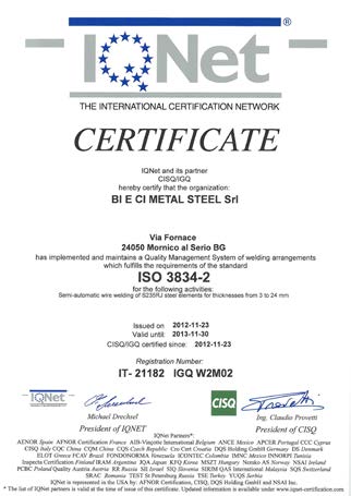 CERTIFICAZIONI ISO 9001:2008 Centro di Trasformazione Nel 2009 la politica aziendale BI E CI Metal Steel s.r.l. ha deciso strategicamente di adottare un Sistema di Gestione per la Qualità.