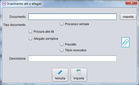 I pulsanti presenti nella finestra consentono di: - Creare automaticamente la Nota di Iscrizione a ruolo e porla come Atto Principale - Allegare documenti non obbligatori, Allegati semplici, consente