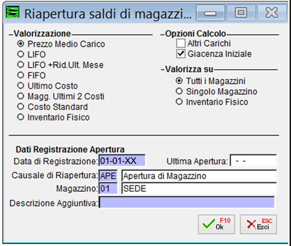 Inserire la data di apertura, la causale di magazzino di riapertura (che in anagrafica deve avere il flag = in Giacenza Iniziale e non deve movimentare il magazzino), e indicare il magazzino di cui