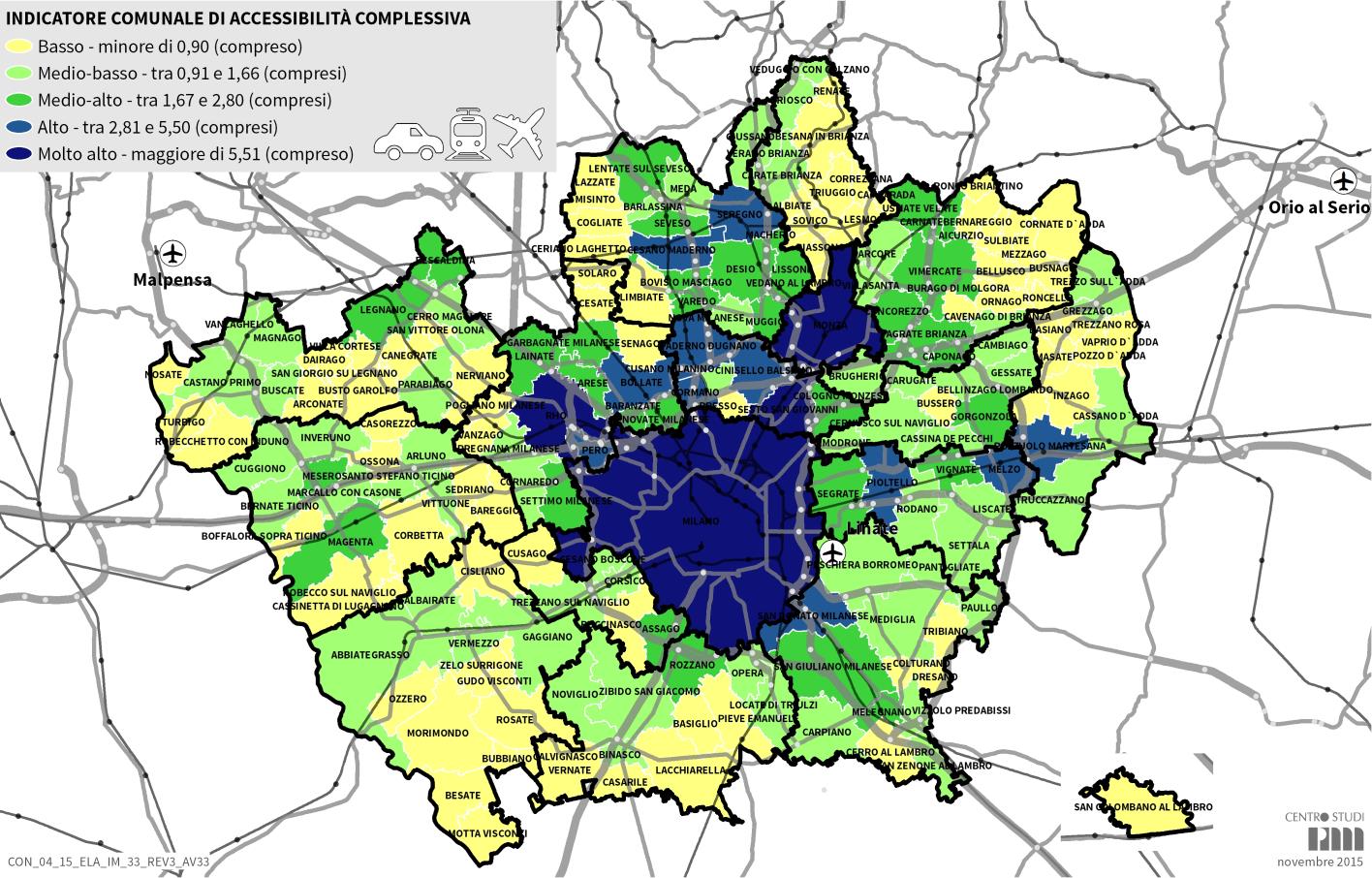Figura 2 Distribuzione territoriale degli indicatori comunali di accessibilità complessiva Comuni con condizioni di accessibilità migliori Indicatore di accessibilità ALTO 8% del totale * Milano.