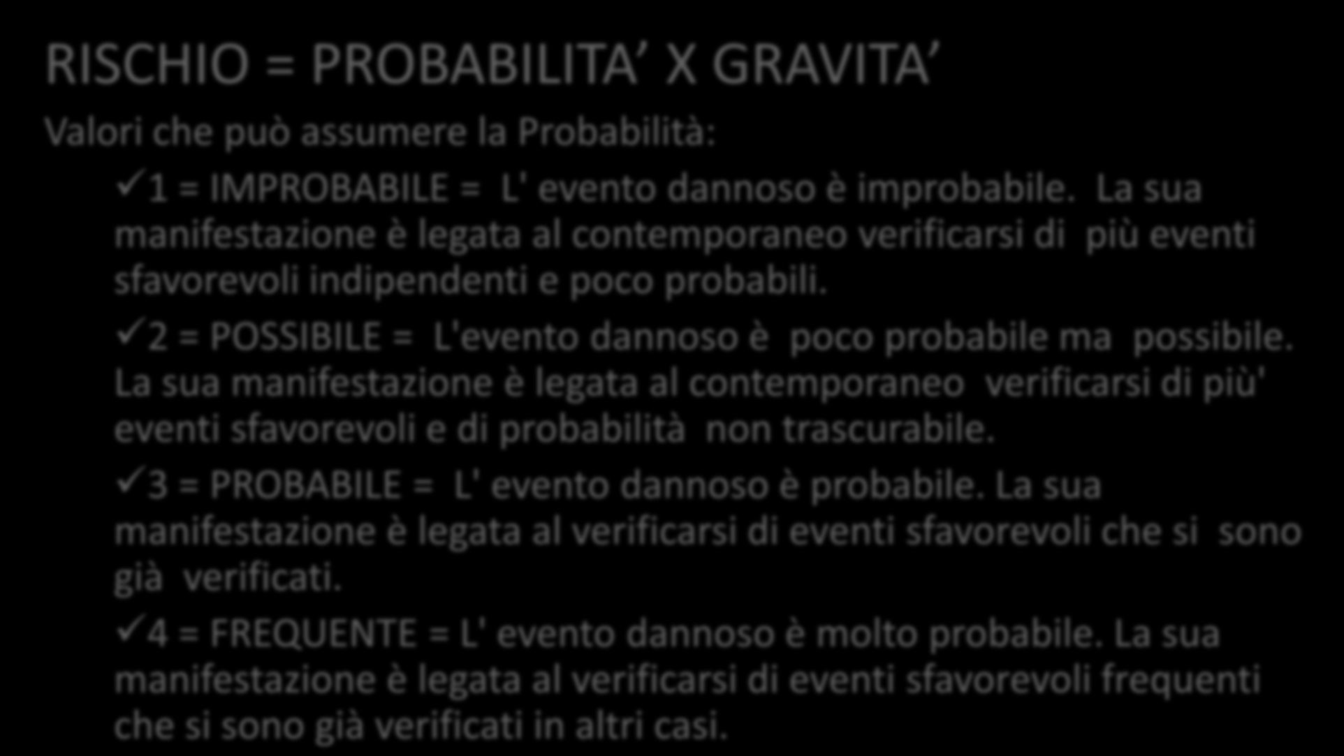 Esempio di metodologia per la VDR RISCHIO = PROBABILITA X GRAVITA Valori che può assumere la Probabilità: 1 = IMPROBABILE = L' evento dannoso è improbabile.