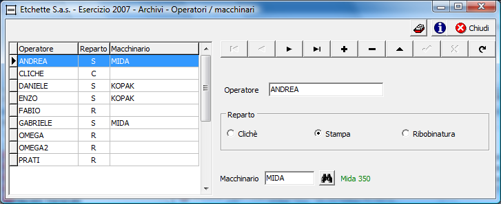 Etichette 1.3.4 15 Operatori - macchinari In questa videata vengono definiti i vari operatori, il reparto in cui lavorano e, nel caso del reparto stampa, il macchinario su quale operano. N.B.