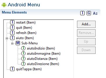 Menu Un menu definito staticamente per l unica Activity con 4 opzioni semplici e un sottomenu per gli aiuti con 4 opzioni 9