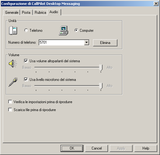Uso di CallPilot Desktop Messaging per client Internet Modifica delle impostazioni audio È possibile utilizzare sia il telefono che il computer per riprodurre e registrare i messaggi, nonché per