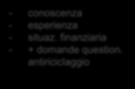 Scheda Mifid - Conoscenza (17 domande) - Esperienza (7 domande = 4 livelli) - Rischio di credito (6 livelli) - Rischio di liquidità (6 livelli) - Holding period (4 livelli) - 1 domanda HP - 2 domande