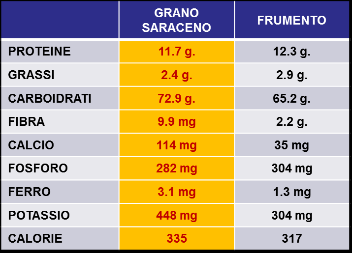 QUINOA FRUMENTO PROTEINE 16.2 g. 12.3 g. GRASSI 6.9 g. 2.9 g. CARBOIDRATI 63.9 g. 65.2 g. FIBRA 3.5 mg 2.2 g. CALCIO 141 mg 35 mg FOSFORO 449 mg 304 mg FERRO 6.