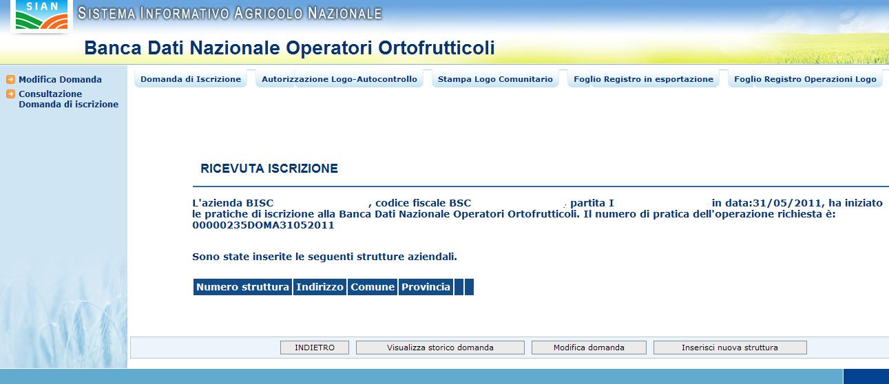 Il sistema mostrerà quindi una pagina di riepilogo dei dati anagrafici appena inseriti; da questa pagina sarà possibile inserire una nuova struttura/punto di commercializzazione (pulsante INSERISCI