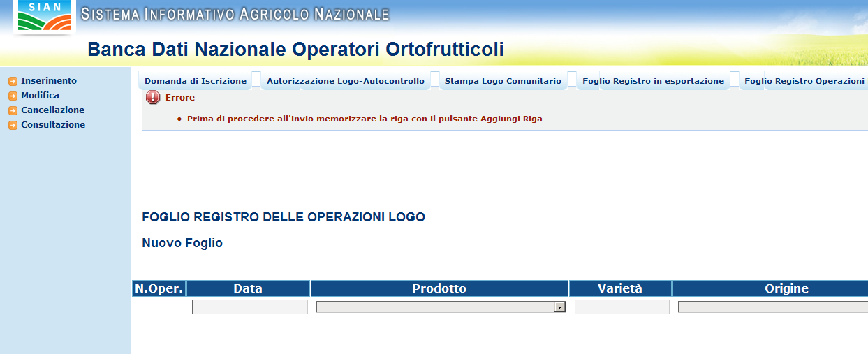 Figura 87: Compilazione Foglio Registro Operazioni Logo. Inserimento.