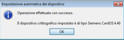 Per le smart card fino a HC19 il tipo viene impostato con Siemens CardOS 4.40. Per le smart MD20 invece si deve impostare Incard CNS. confermare con OK 2 volte.