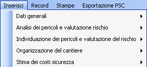 Inserimento dati Introduzione Il menù strumenti (sopra indicato) contiene tutti i comandi e le funzioni per inserire i dati, gestire le operazioni sui record (menù Record) e stampare/esportare il