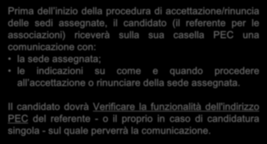 Comunicazione ed Accettazione Sede Assegnata Prima dell inizio della procedura di accettazione/rinuncia delle sedi assegnate,