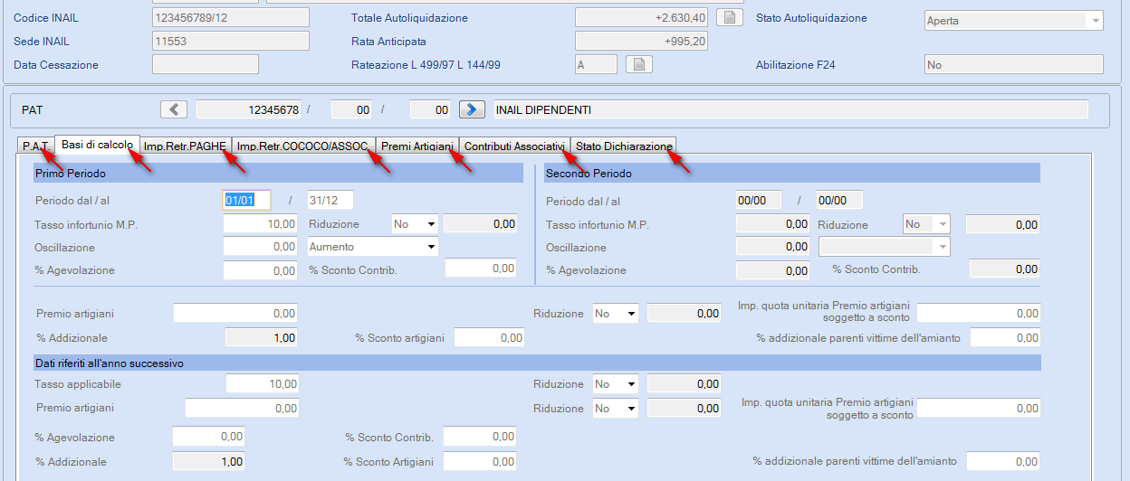 Avvertenza Per coloro che non utilizzano la procedura di Acquisizione Basi di calcolo dal file rilasciato dall'inail, è necessario verificare la correttezza dell'importo della Rata Anticipata che sia