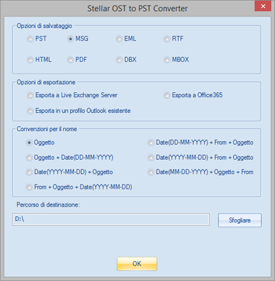 Salva i file utilizzando le Convenzioni per il nome Stellar OST to PST Converter - Technician consente di salvare i file riparati nei formati MSG, EML, RTF, HTML e PDF.