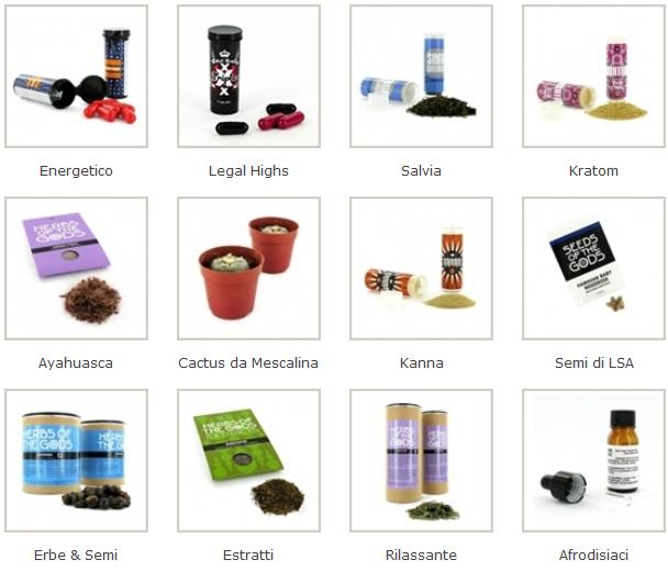 psicadeliche (ad es. Kratom, Salvia divinorum), funghi, afrodisiaci, erbe rilassanti, alcune sostanze non meglio definibili e inserite sotto la categoria ad esempio Dopo la festa.