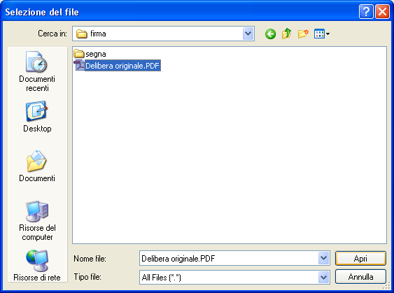 Dopo aver cliccato Seleziona File bisognerà collocarsi nel percorso C:\h\ghx\sys\firma,qui si dovrà selezionare il file da firmare digitalmente dopo di chè si cliccherà APRI.