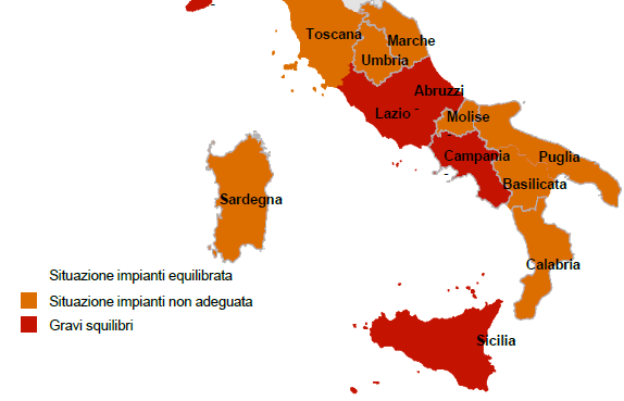 Visione Generale Il Deficit Impiantistico Solo poche regioni (tutte del Nord Italia) detengono infrastrutture adeguate allo smaltimento dei rifiuti