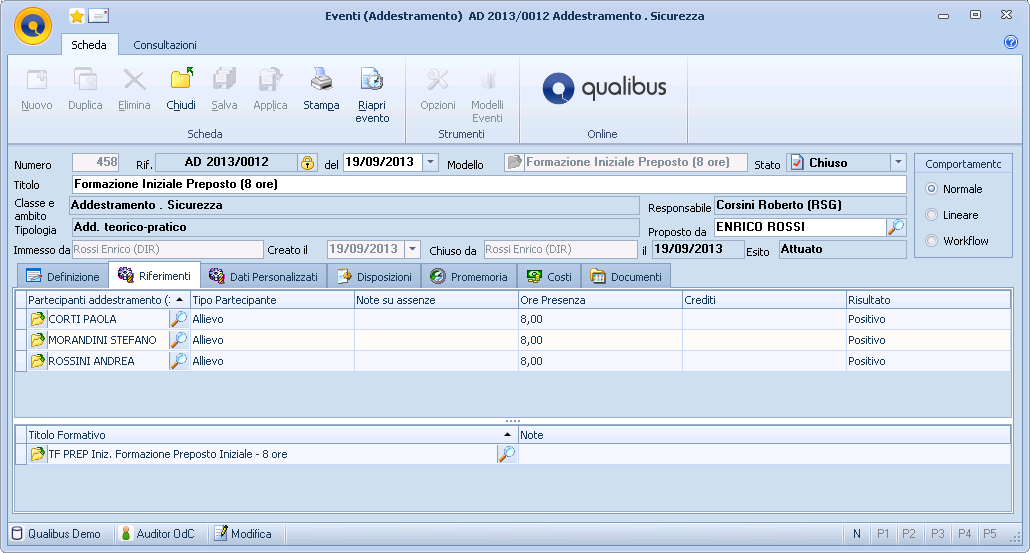 Audit sui controlli delle registrazioni dei processi Addestramento del Personale Con il modulo Eventi vengono programmati e registrati tutti i corsi di addestramento,