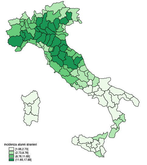 Percentuale alunni con cittadinanza non italiana nella scuola primaria - Anno scolastico 2007/08 Fonte: