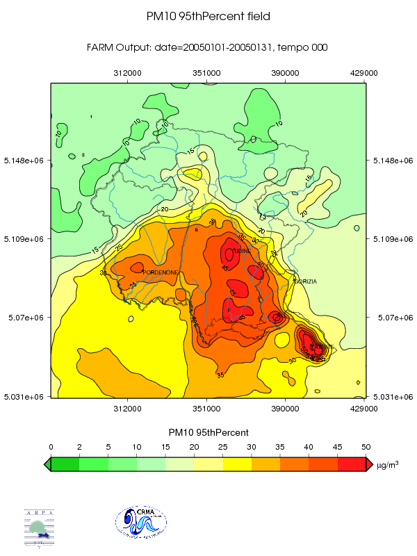 Figura 30 - Valori del 95 percentile orario relativo al mese di gennaio per il PM10 tenendo conto di tutte le emissioni regionali ed extra-regionali (pannello di sinistra) e tenendo conto delle sole