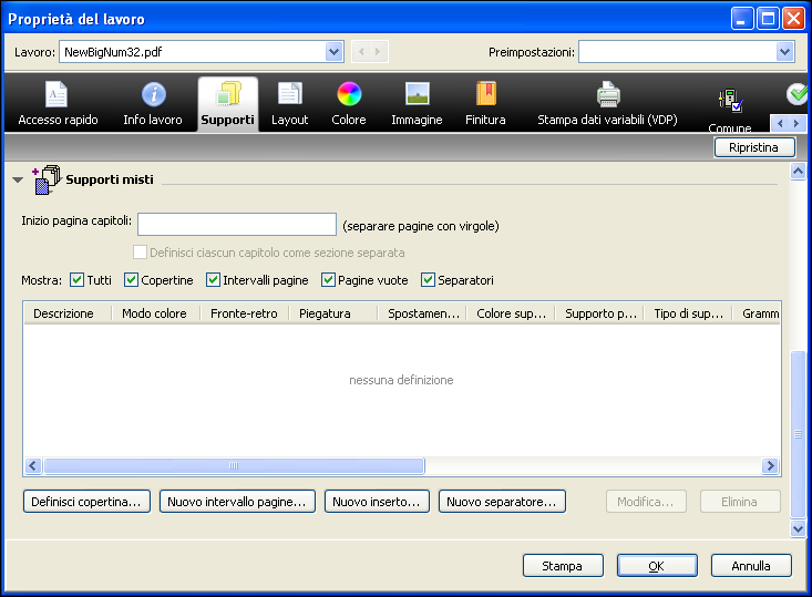 COMMAND WORKSTATION 20 PER DEFINIRE LE IMPOSTAZIONI IN SUPPORTI MISTI 1 Selezionare o fare clic con il pulsante destro del mouse su un lavoro inviato in spool/messo in attesa in Centro lavori, quindi