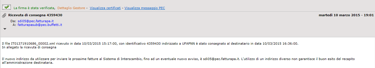 Fasi di gestione della FEPA Controlli formali da parte del servizio SDI Ricezione Notifica consegna da SDI a Ente della PA Esito positivo La FEPA conclude il suo iter approdando alla PEC dell ente