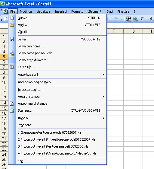 Menu: File Software di produttività