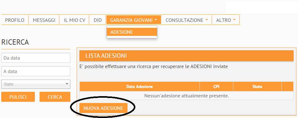 Le adesioni inviate vengono poi mostrate sotto forma di elenco con la Data Adesione, CPI / Ente e Stato.