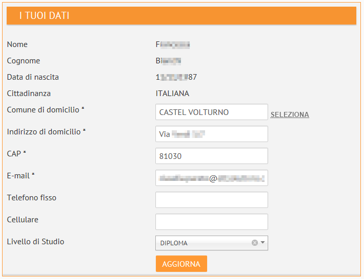 Nella scheda PROFILO sono riepilogati i dati inseriti in sede di registrazione.