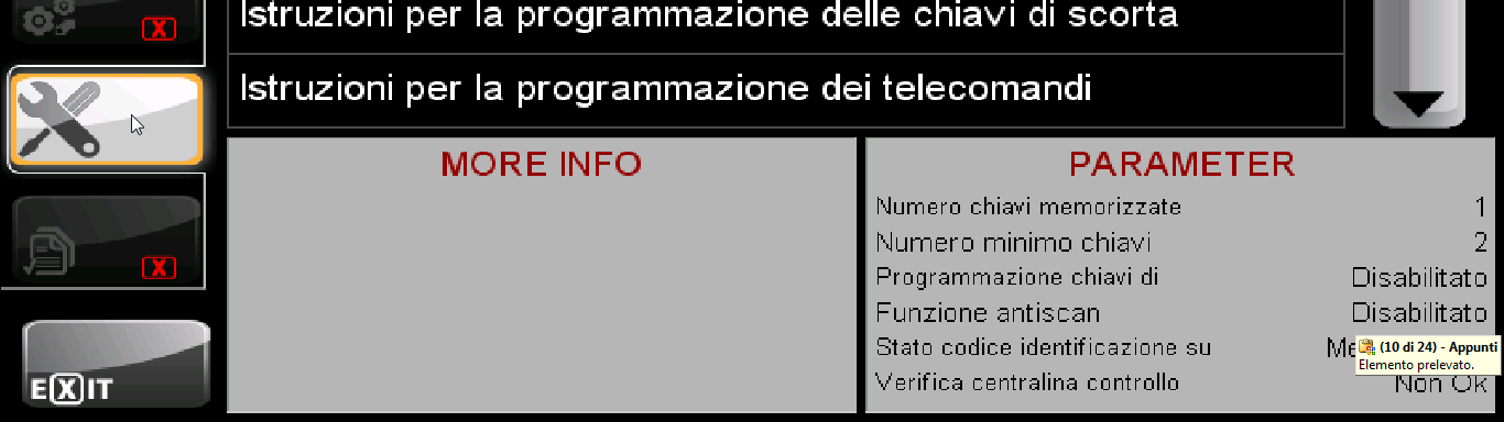 Leggere attentamente le note riportate Menù regolazioni e scegliere la regolazione da eseguire IMPORTANTE :ANNOTARSI IL SERIAL NUMBER E IL SECURITY CODE, QUESTI CODICI GENERATI DALLA CENTRALINA SONO