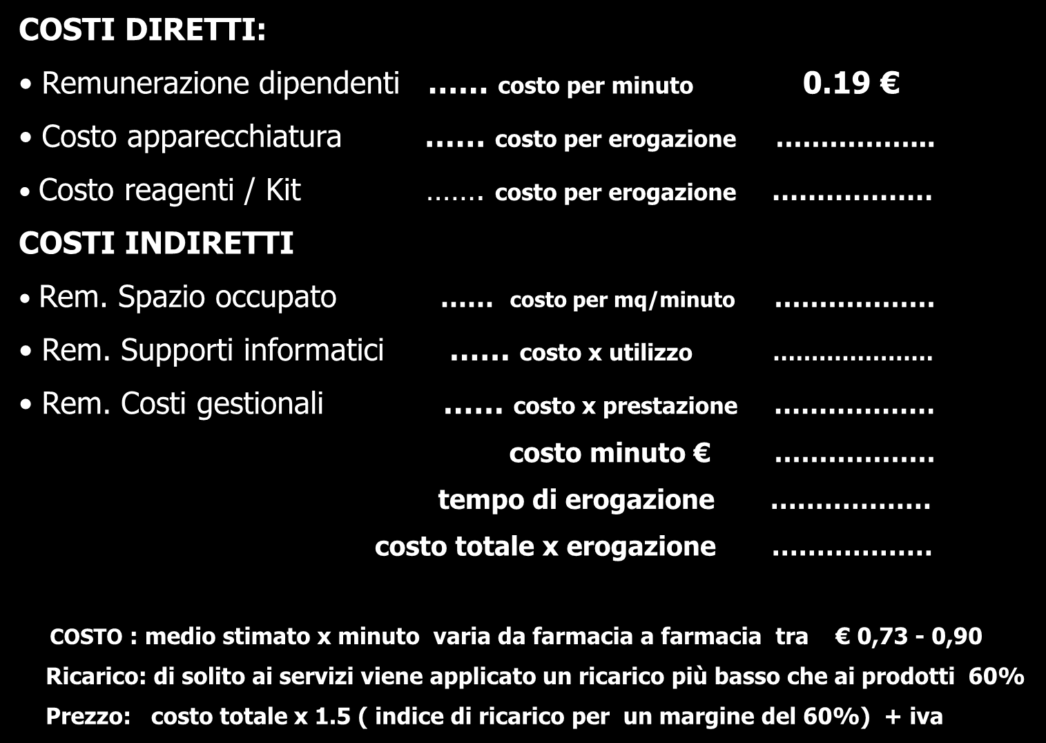 prezzo dei Servizi: uno schema operativo COSTI DIRETTI: Remunerazione dipendenti costo per minuto 0.19 Costo apparecchiatura costo per erogazione... Costo reagenti / Kit.