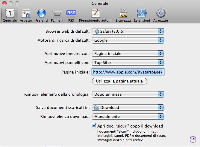 Figura 2.6 Menu di Safari Figura 2.7 Pagina Preferenze Tab Generale cliccare 2 volte sull eseguibile driver2011mac.