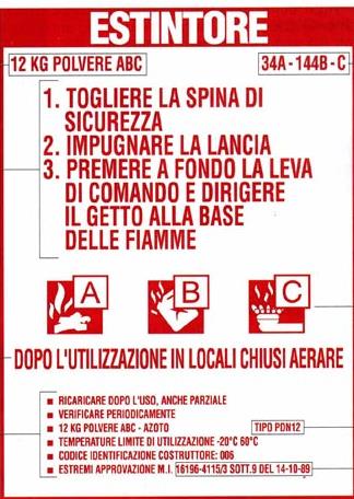 L estintore, colore rosso, è corredato da un ETICHETTA: La parola ESTINTORE Il tipo di agente estinguente e la sua carica nominale Modalità di utilizzo L indicazione del focolare tipo che è risultato