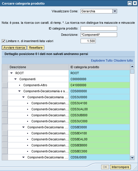 Figura 9 Ricerca Categoria Merceologica A questo punto sarà possibile selezionare una delle celle evidenziate in verde per riportare nella maschera principale il valore della categoria corrispondente.