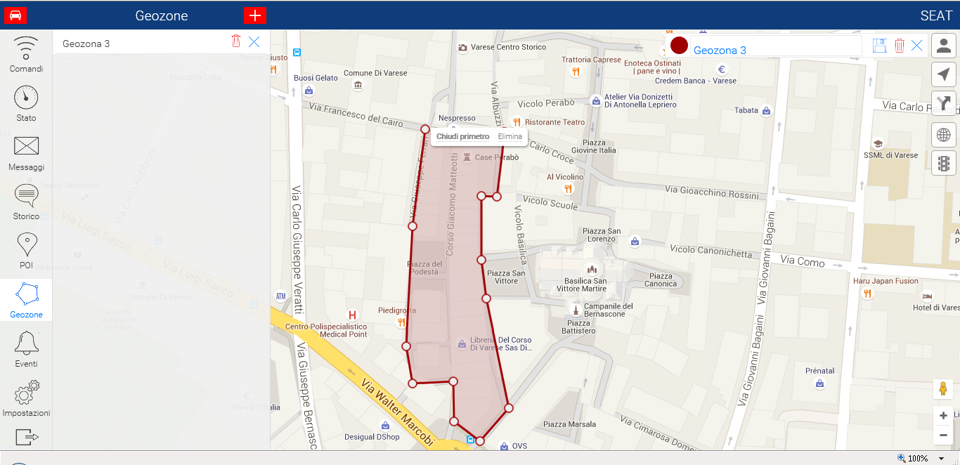 CREARE UNA GEOZONA 1. Selezionare l icona GEOZONE per accedere alle impostazioni della funzione. 2. Premere il pulsante per creare una nuova Geozona 3. Nominare la Geozona + 4.